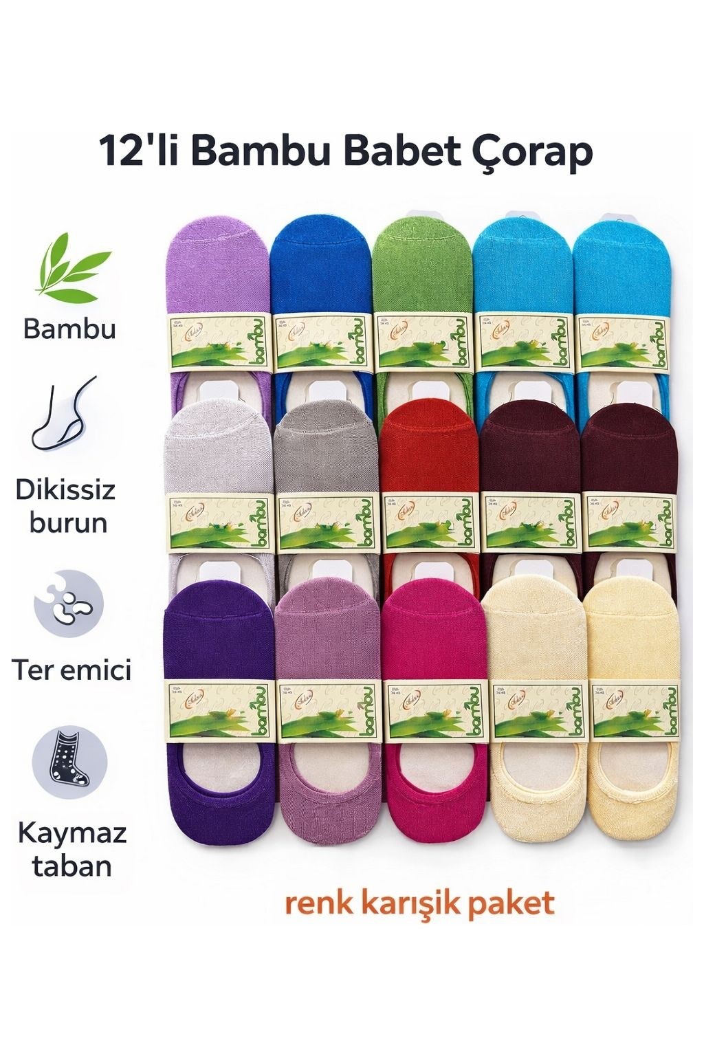 Qulat 12'li Paket Silikonlu Bambu Babet Çorap Aslan Marka Aynı Gün Kargolama