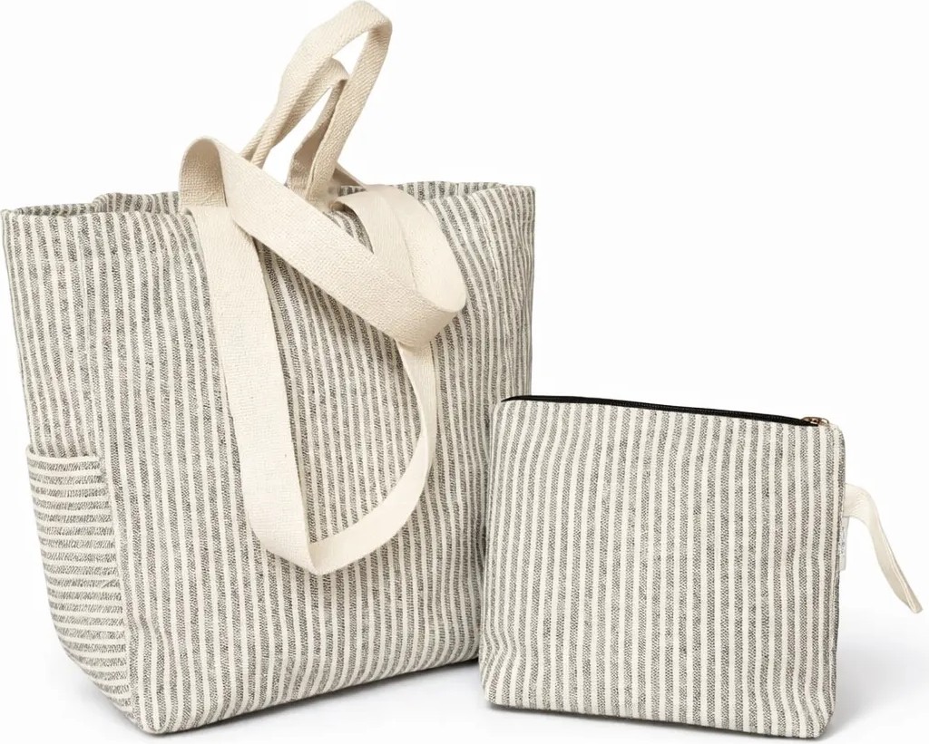 Faralya Life Çizgili Çanta 50X42 cm ve Makyaj Çantası Seti 26*21CM Bez Çanta Kombin Set görsel 2