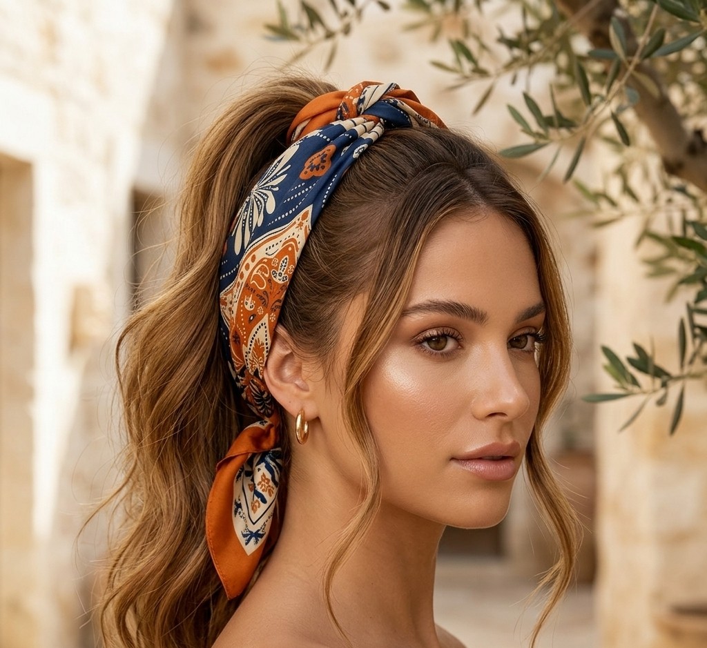 Dipol Butik Turuncu ve Lacivert Etnik Desenli Kare Saten Bandana Fular 50X50 cm görsel 7