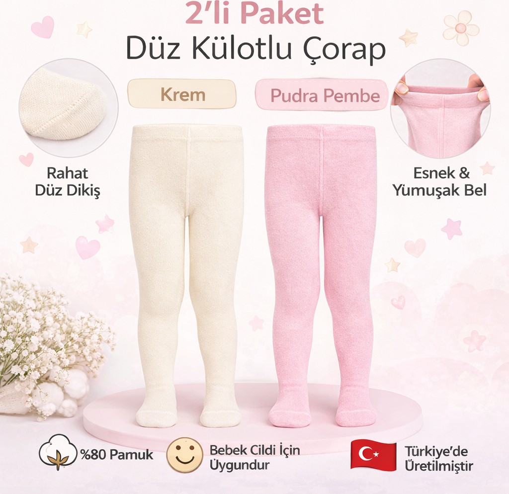Hobins Sportswear & Company 2'adet Pamuklu Krem & Beyaz Terletmez Kız & Erkek Bebe & Çocuk Külotlu Çorap