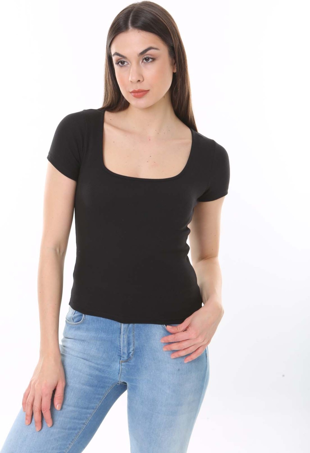 CHEISU Kadın Beyaz Kısa Kol Kare Yaka T-Shirt Bluz Fitilli Kaşkorse görsel 5