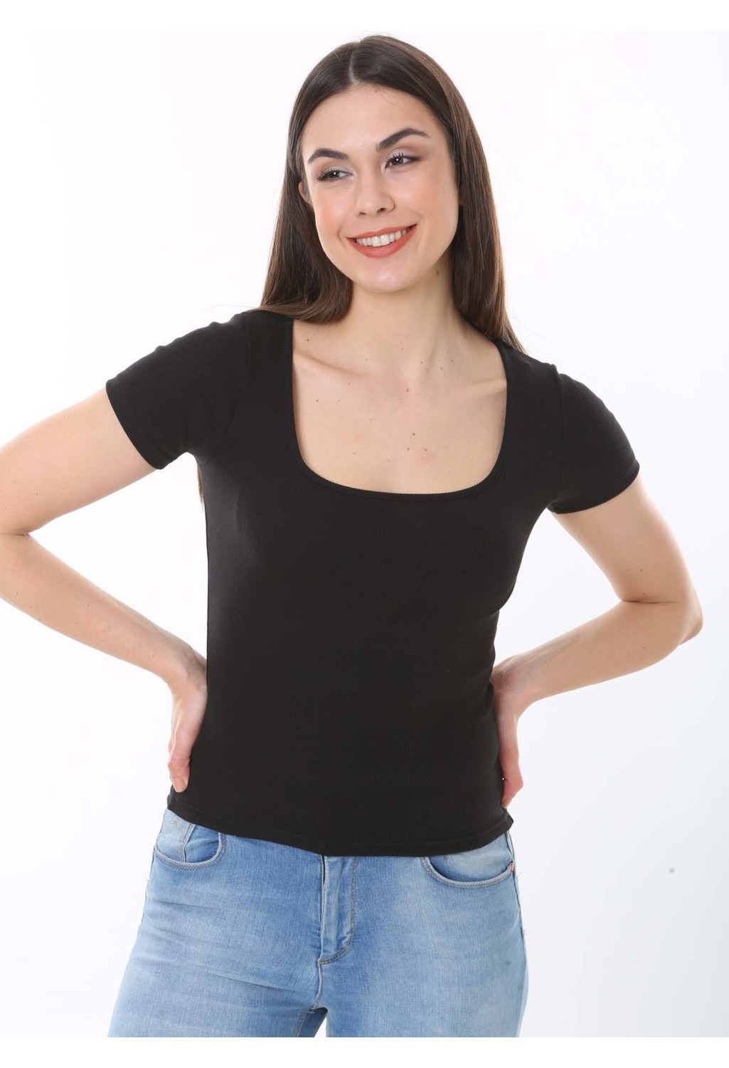CHEISU Kadın Beyaz Kısa Kol Kare Yaka T-Shirt Bluz Fitilli Kaşkorse görsel 6