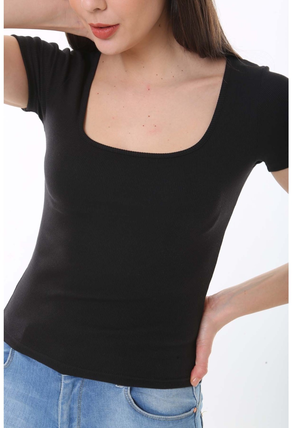 CHEISU Kadın Beyaz Kısa Kol Kare Yaka T-Shirt Bluz Fitilli Kaşkorse görsel 7