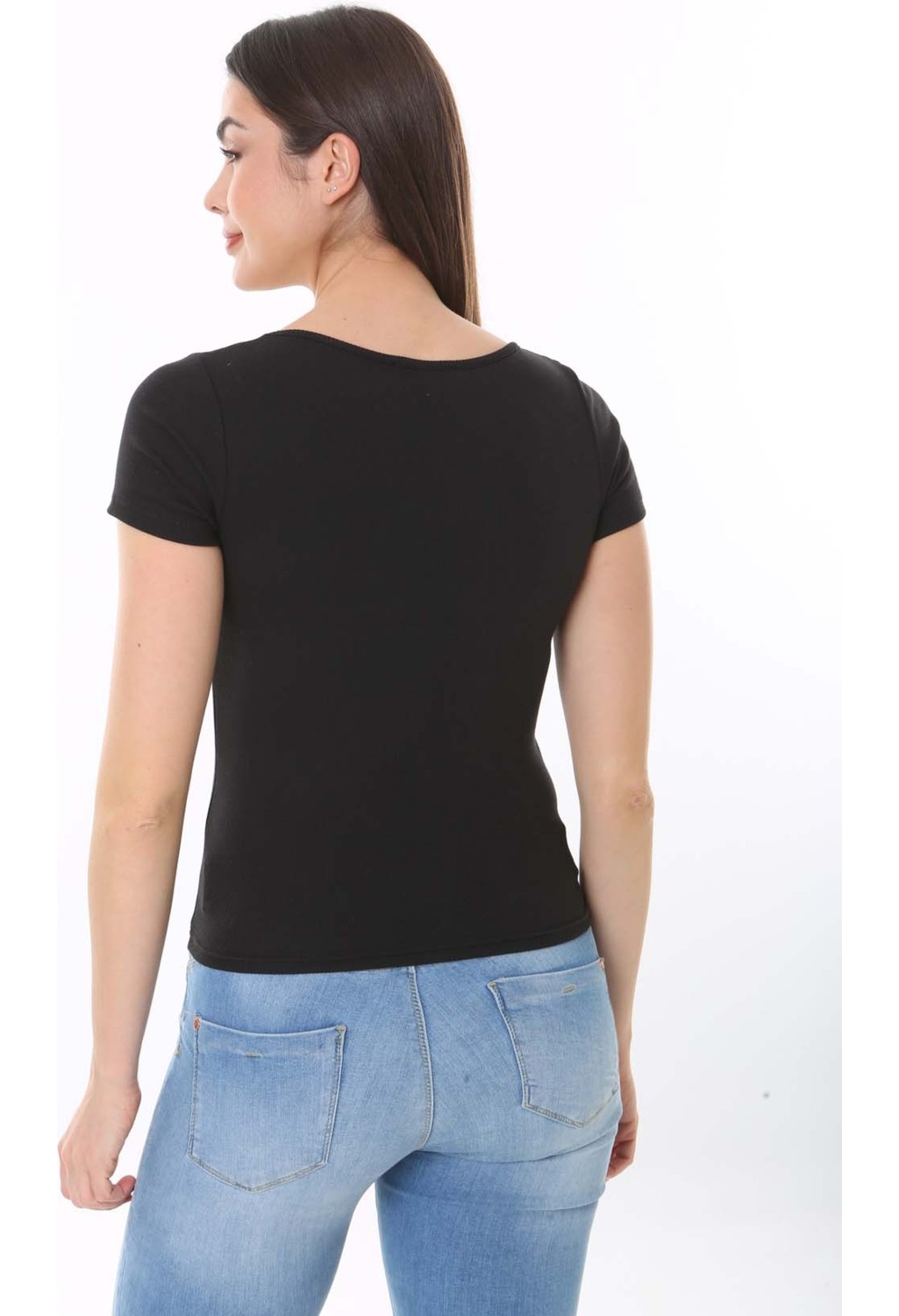 CHEISU Kadın Beyaz Kısa Kol Kare Yaka T-Shirt Bluz Fitilli Kaşkorse görsel 8