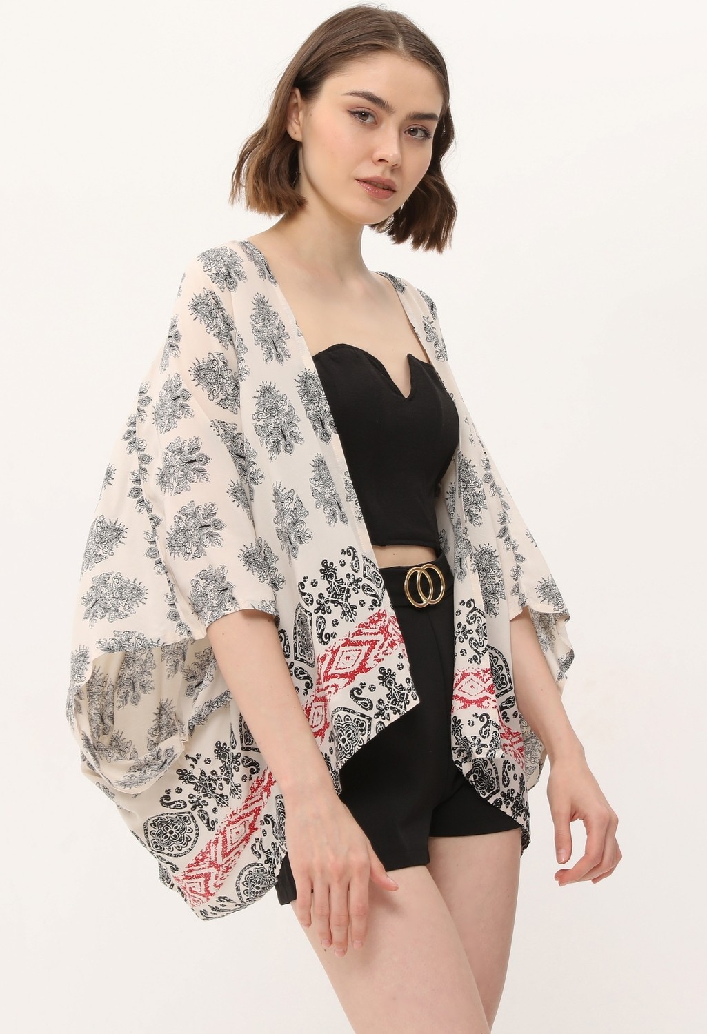 Yoga Zero Zada Boho Cape 3 - Cream Paisley-Border görsel 3