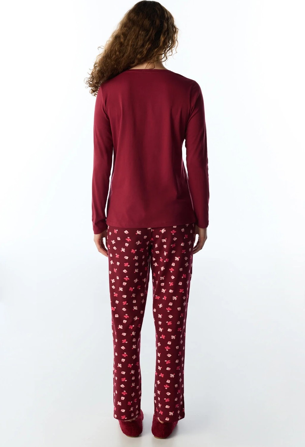 Penti Bordo Letters Kuş Desenli Uzun Kollu Pantolon Pijama Takımı görsel 6