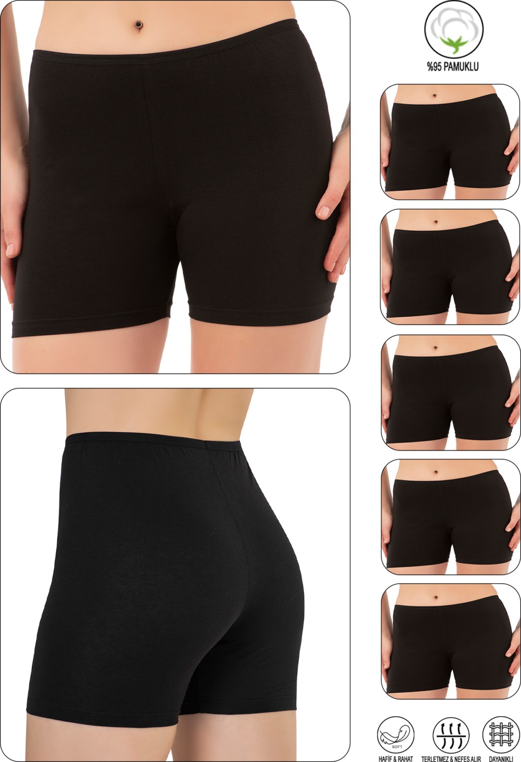 Özkan Underwear Özkan 26591 5'li Paket Kadın Pamuklu Likralı Esnek Ara Boy Diz Üstü Kısa Tayt Şort Boxer