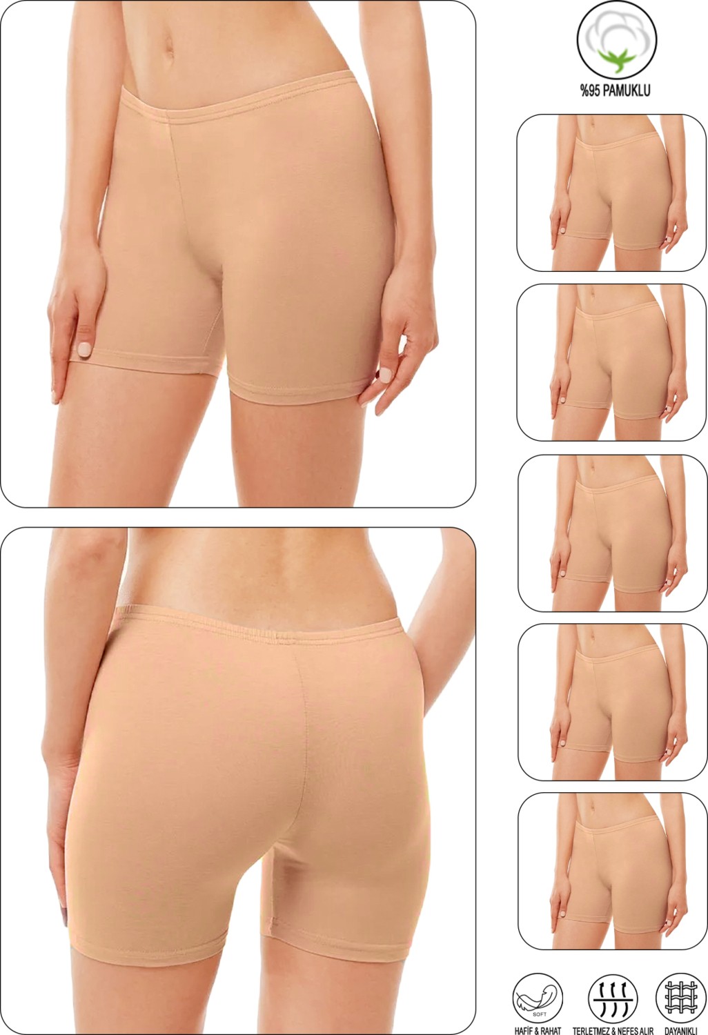 Özkan Underwear Özkan 26591 5'li Paket Kadın Pamuklu Likralı Esnek Ara Boy Diz Üstü Kısa Tayt Şort Boxer
