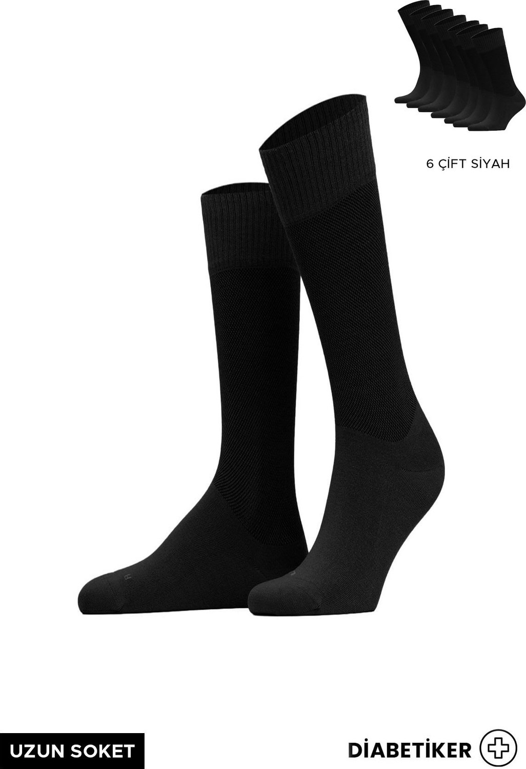Mısırlı Unisex Bambu 6 Çift Diabetiker Lastiksiz Uzun Soket Çorap Siyah görsel 2