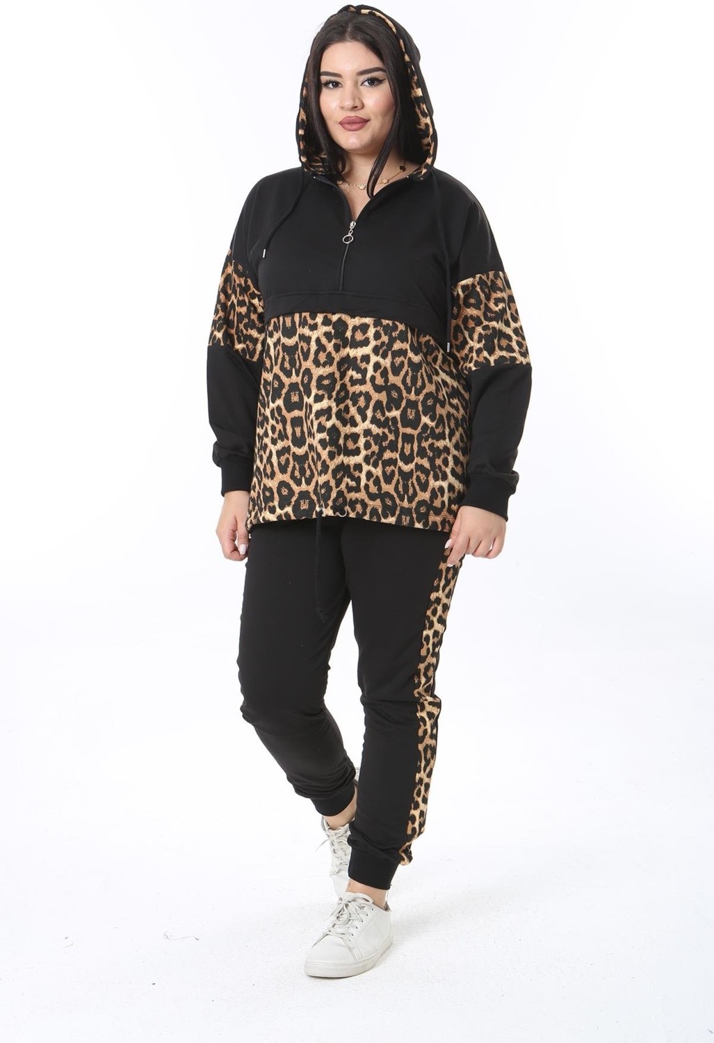 Şans Kadın Büyük Beden Leo Leopar Garnili Sweatshirt Pantolon Ikili Takım 65N38375
