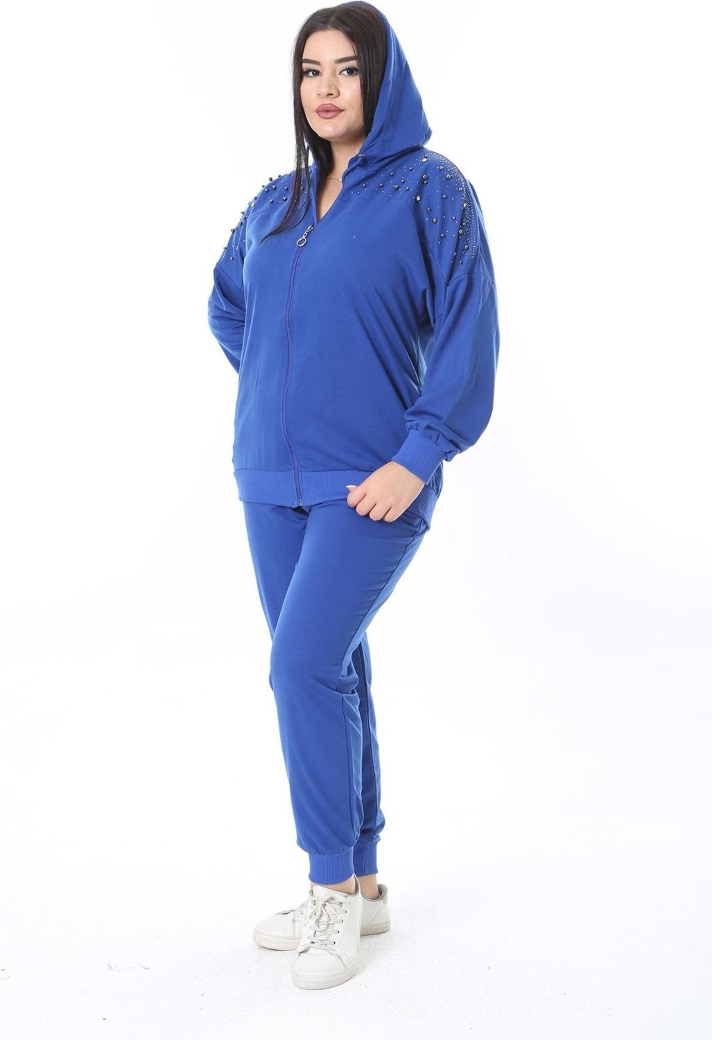 Şans Kadın Büyük Beden Saks Ön Fermuarlı Taş Detaylı Kapşonlu Sweatshirt Pantolon Ikili Takım 26A28091