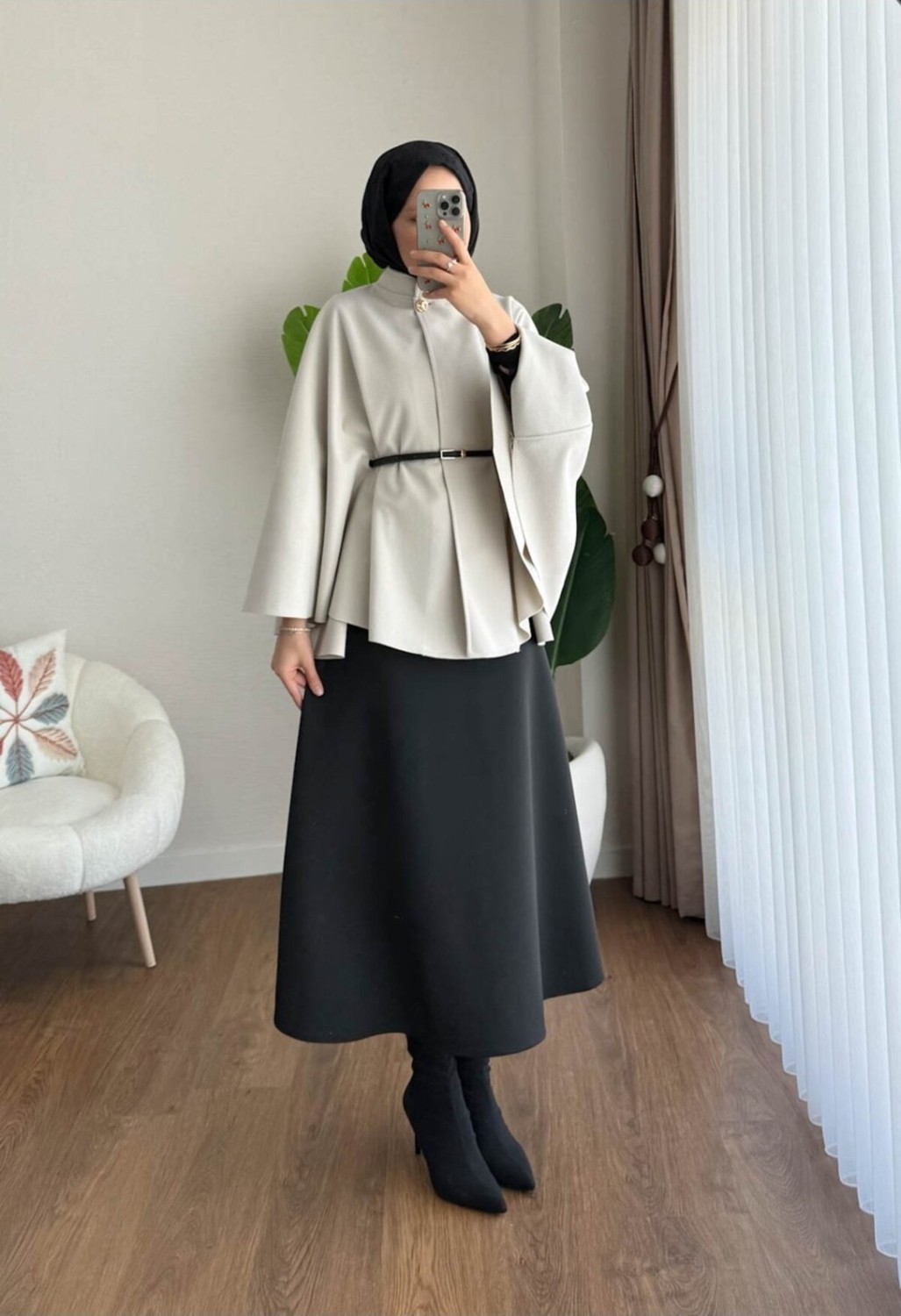 Miraydin Butik Kadın Yeni Sezon Oversize Kemerli Kaşe Panço M25131 - Bej görsel 4