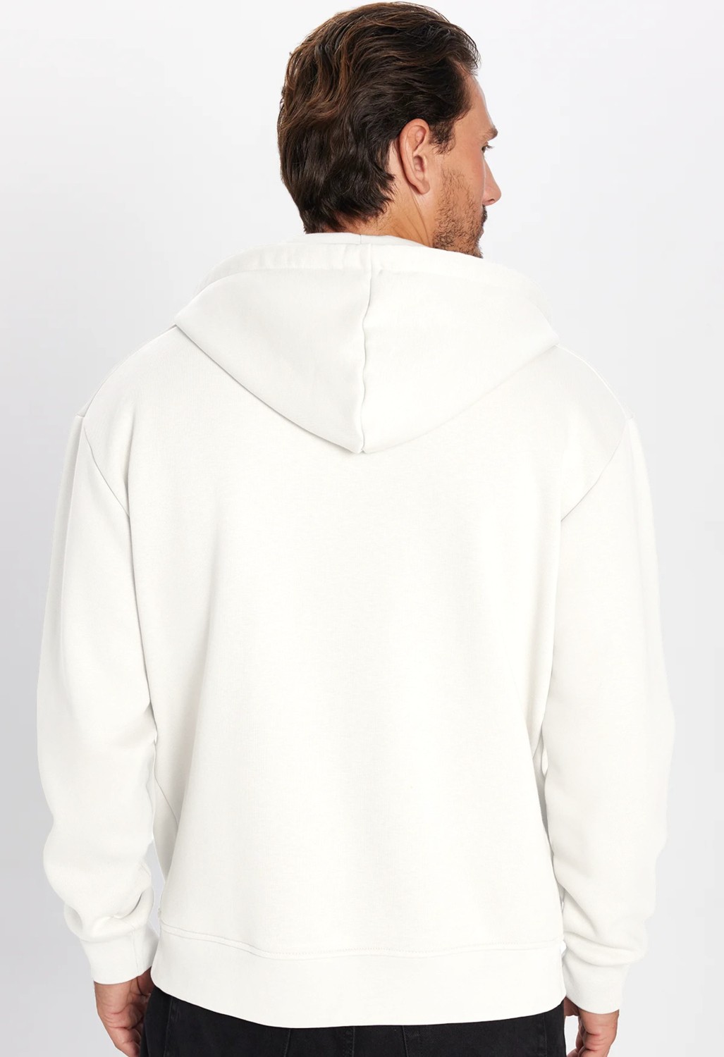 Tudors Unisex Relax Fit Rahat Kesim Pamuklu İçi Polarlı Çift Cepli Fermuarlı Beyaz Kapüşonlu Sweatshirt görsel 5