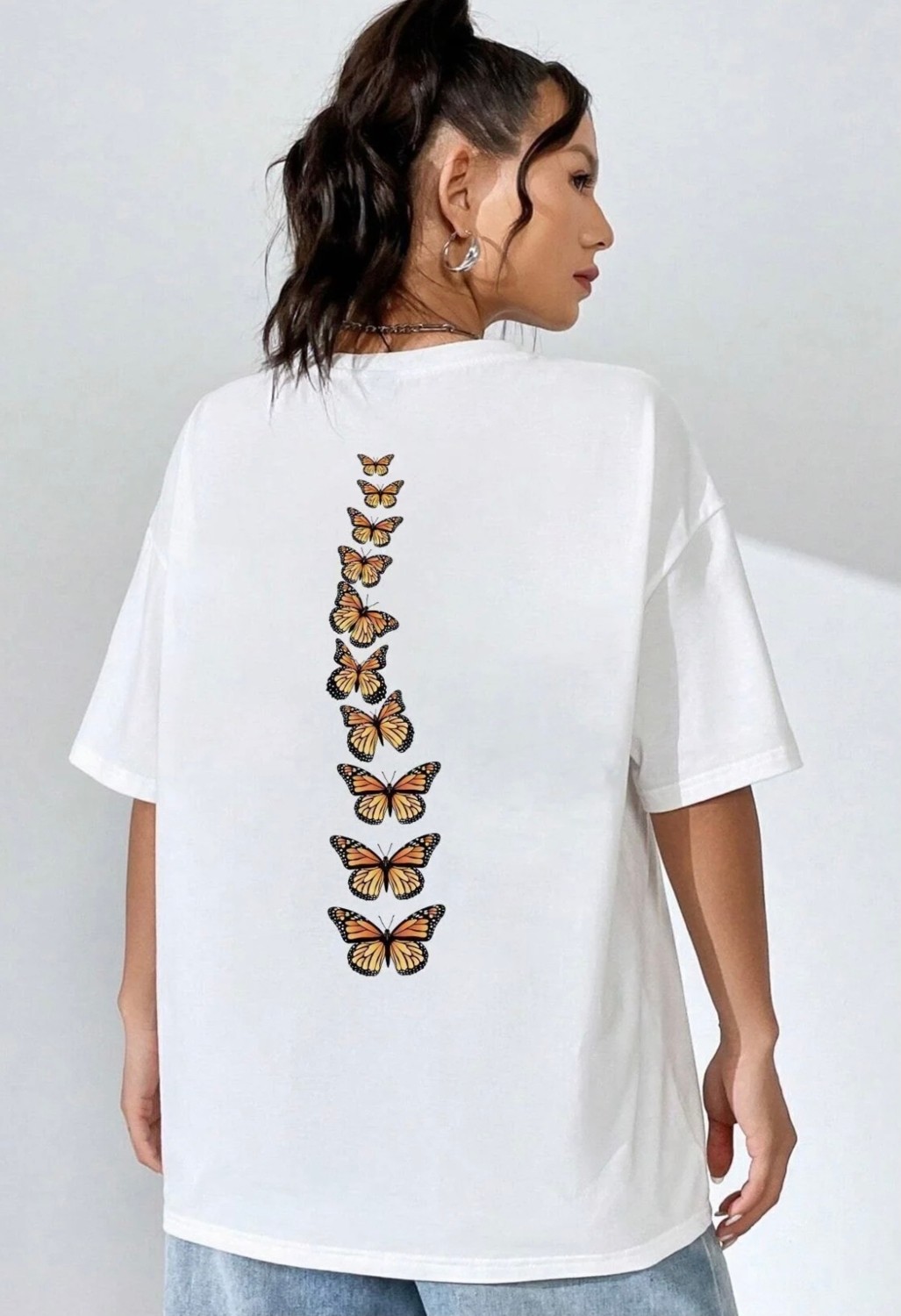 Amor Face Büyük Beden Özel Tasarım Uçuşan Kelebekler Sırt Baskılı %100 Pamuk Oversize Kadın T-Shırt görsel 8