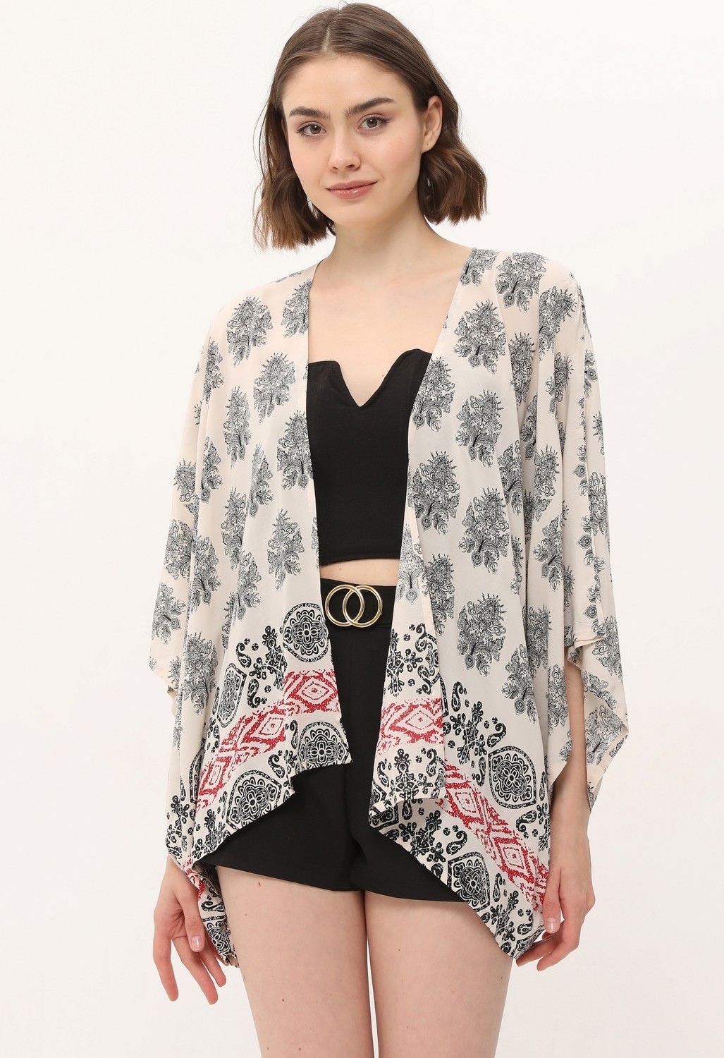 Yoga Zero Zada Boho Cape 3 - Cream Paisley-Border görsel 6