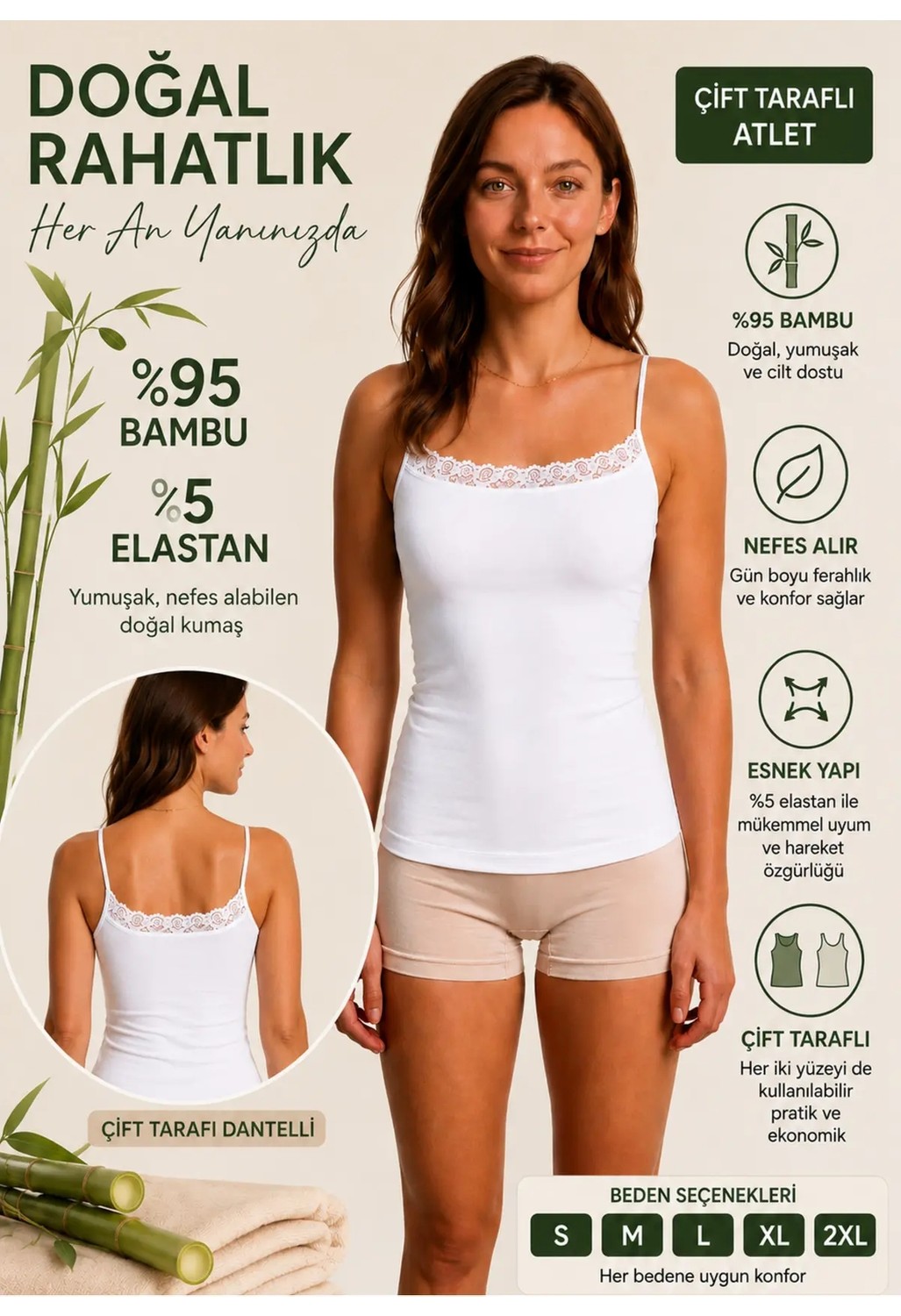 Westic Giyim Kadın Çift Taraflı Dantelli Ip Askılı Atlet %95 Bambu %5 Elastan Yumuşak Esnek Iç Giyim S-2xl görsel 6