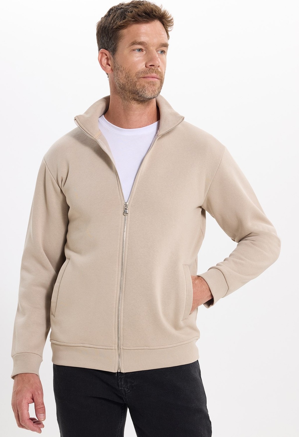 Tudors Unisex Relax Fit Rahat Kesim Pamuklu 3 İplik İçi Polarlı Fermuarlı Cepli Taş Sweatshirt Hırka görsel 3