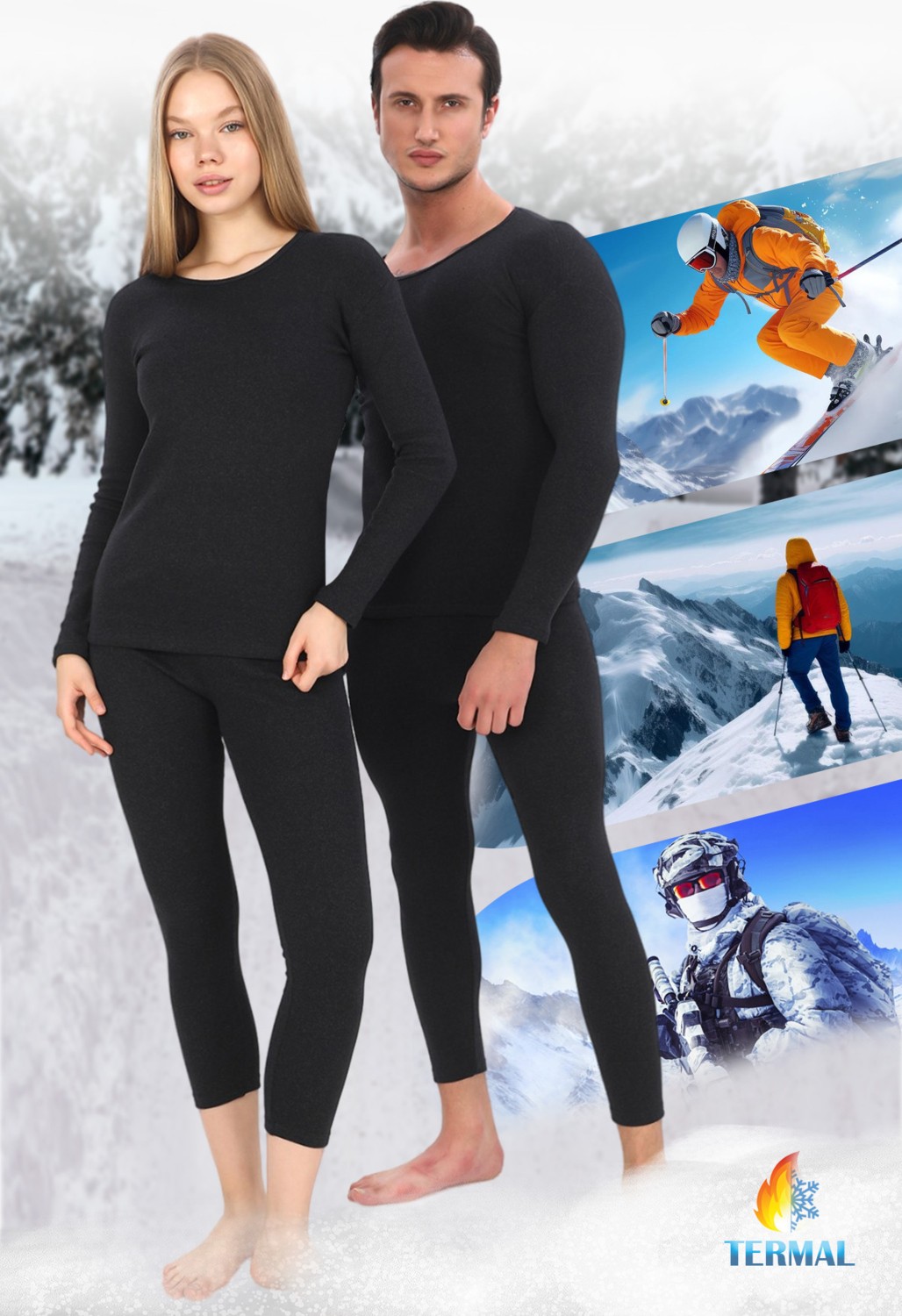 Sauna Suit Unisex Siyah Termal İçlik Takım , Kışlık Sıcak Tutan Alt Üst Termal Takım