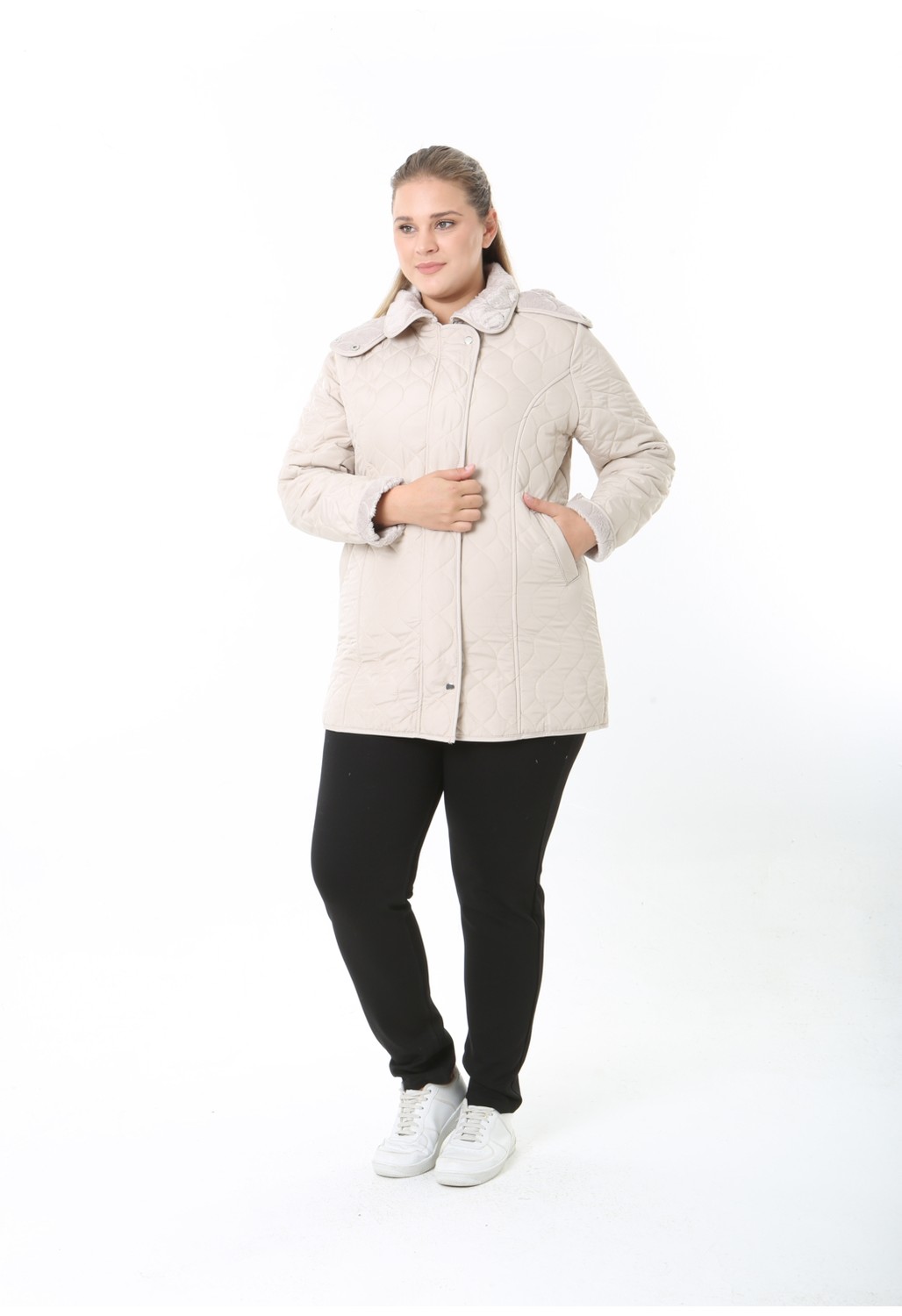 TUTveAL Collection Su Itici Mont, Kapitone, Büyük Beden, Kapüşonlu, Içi Yumuşak Kürklü, Kışlık Mont görsel 2