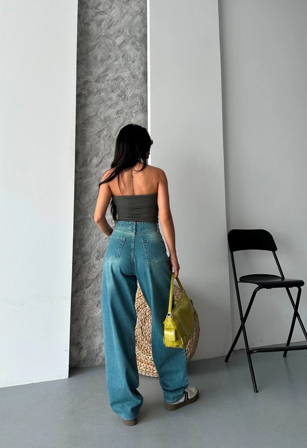 OEY Fashions Baggy Taş Enzim Bıyık Yıkama Jeans Pantolon Yeşil Tint D2007 görsel 3
