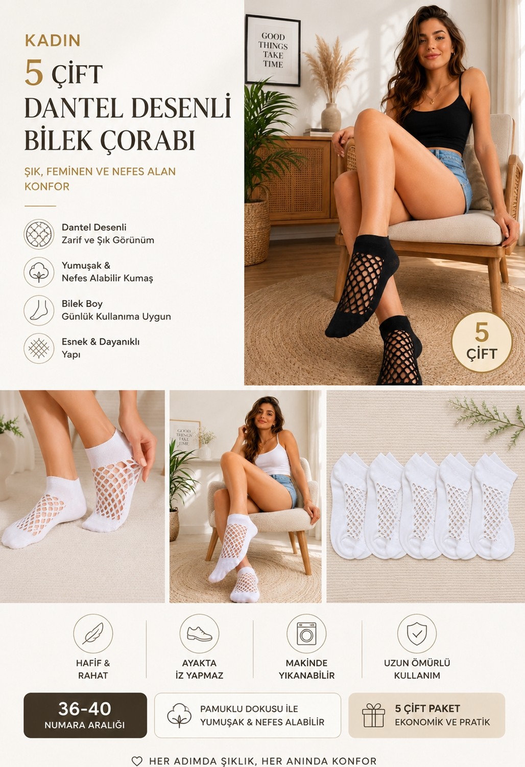 Hitit Socks Kadın 5 Çift Siyah Premium Kalite File Tasarım Bilek Çorabı Patik Çorap görsel 2