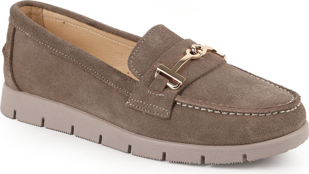 Libero L076.5604-6 Hakiki Süet Deri Gold Metal Tokalı Kalın Tırtıklı Esnek Eva Taban Kadın Comfort Loafer