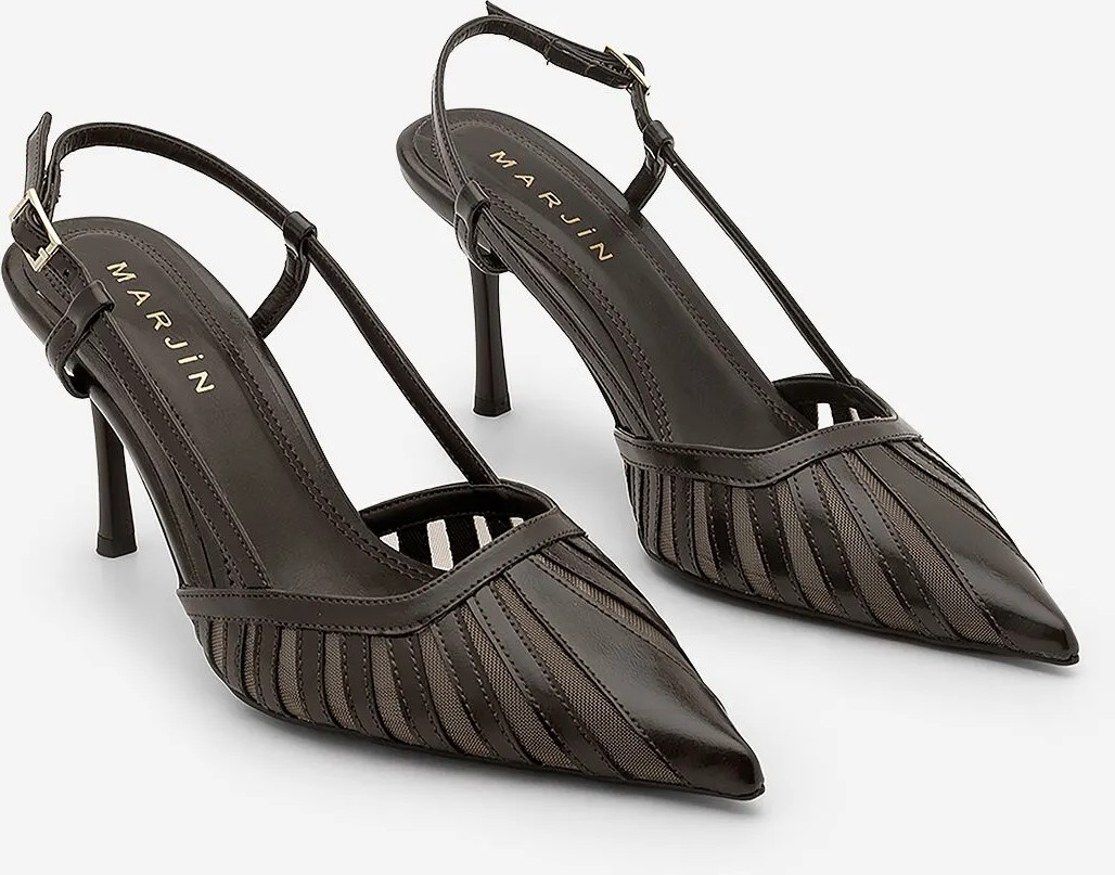 Marjin Kadın Stiletto Sivri Burun Arkadan Bantlı Şerit Detaylı Fileli Klasik Topuklu Ayakkabı Sivon Kahve görsel 5