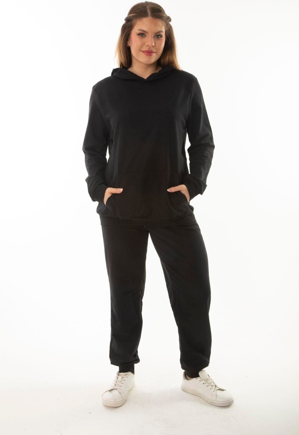 Şans Kadın Büyük Beden Siyah Kanguru Cep ve Kapşonlu Sweatshirt Pantolon Iliki Takım 65N37053