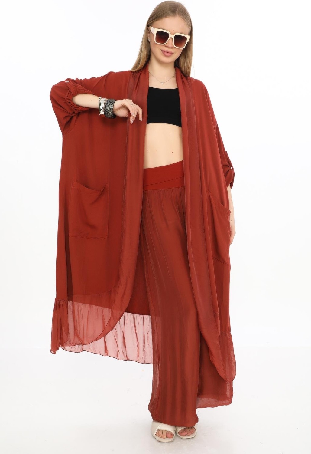 Bohem Stil Itayan Ipek Detaylı Oversize Kaftan- Pantolon Takım görsel 2