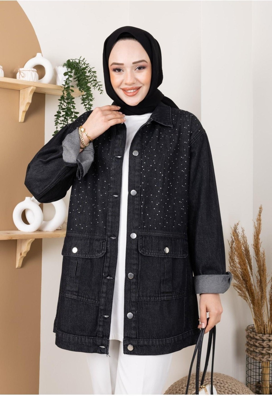 Harman Butik Kadın Taş Detaylı Cepli Kot Ceket