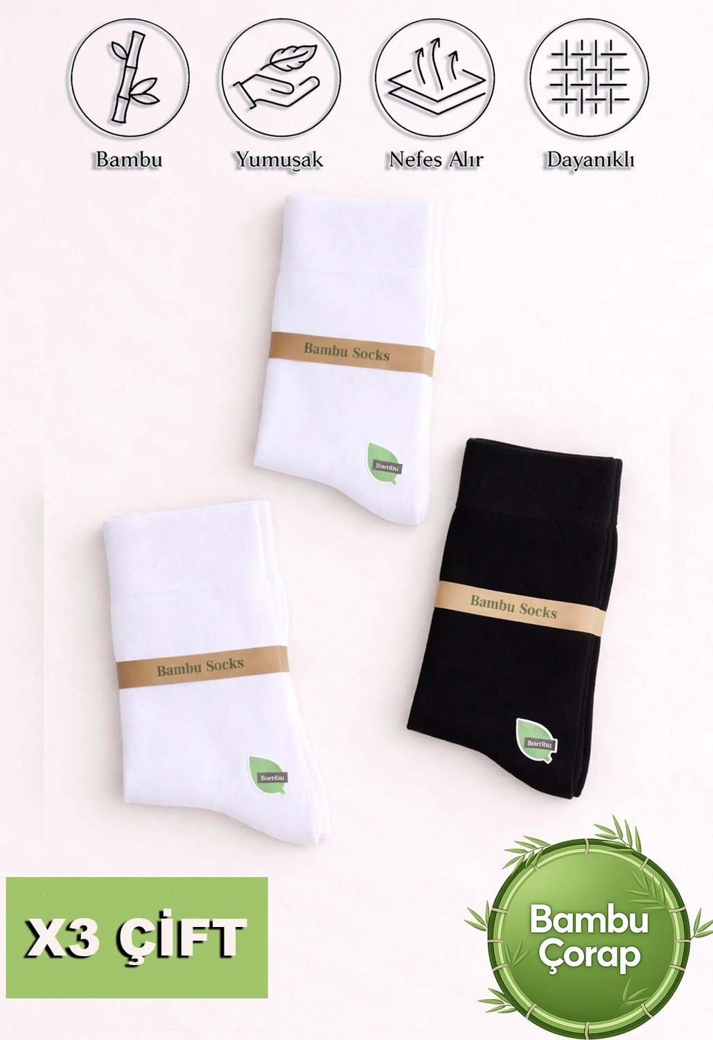 Erkek Bambu Uzun Düz Soket Çorap Premium 3`lü Paket - Beyaz görsel 3