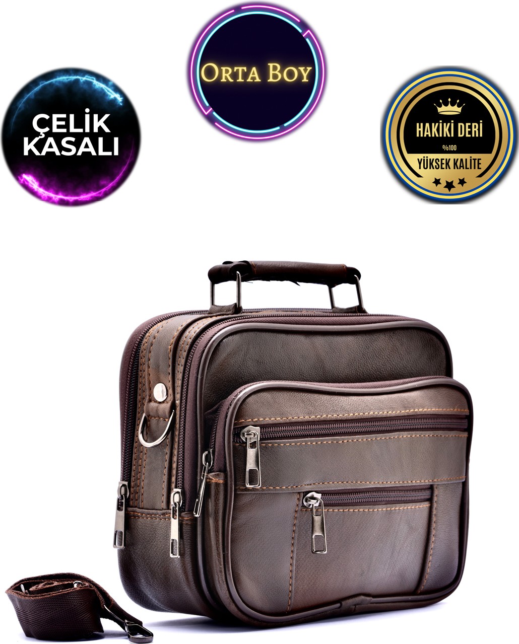 Cüzcan Erkek Kahverengi Yatay Model Çelik Kasalı Hakiki Deri El ve Omuz Çantası ( Orta Boy)