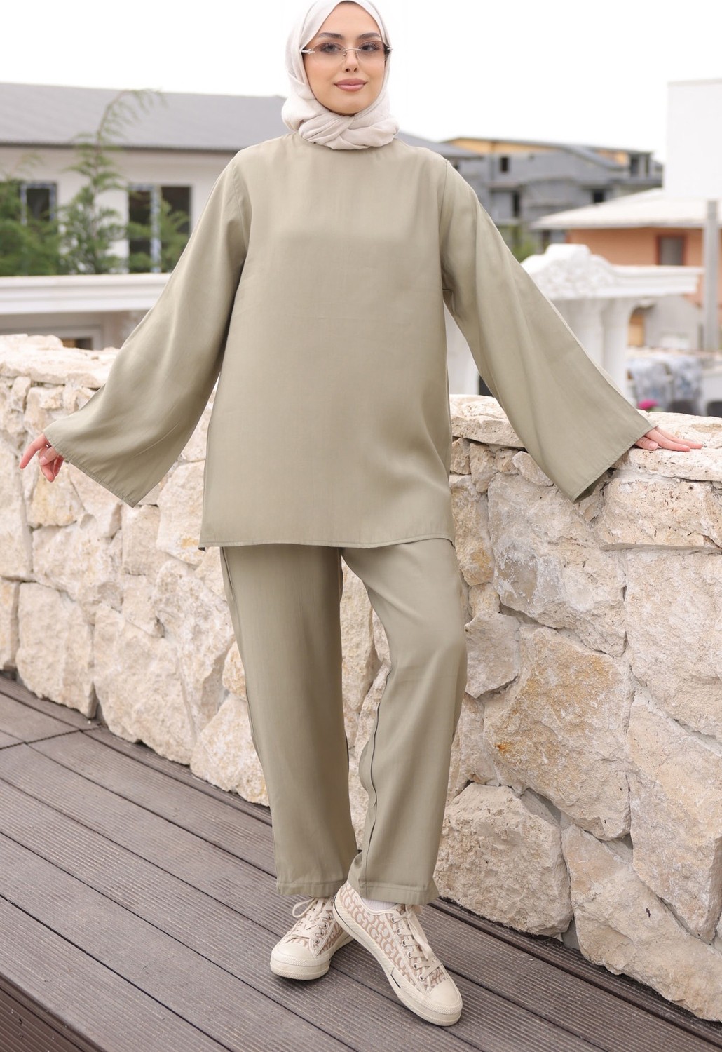 İmaj Butik Açık Haki Ispanyol Kol Tunik Pantolonlu Takım