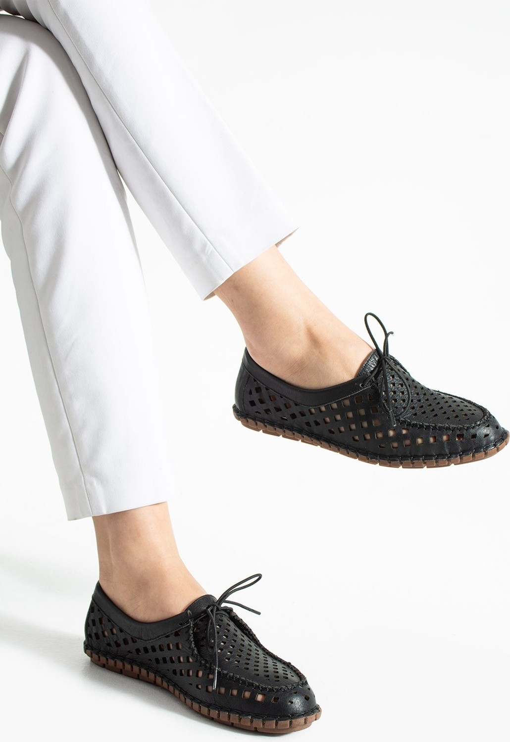 Dabab Shoes Vırena Kadın Siyah Hakiki Deri File Bağcıklı Düz Taban Yazlık Babet Loafer Ayakkabı görsel 4