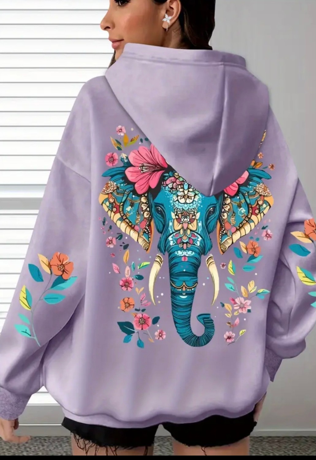 Amor Face Büyük Beden Özel Tasarım Mavi Fil Sırt Baskılı Kapüşonlu %100 Pamuk Oversize Kadın Trend Sweatshırt