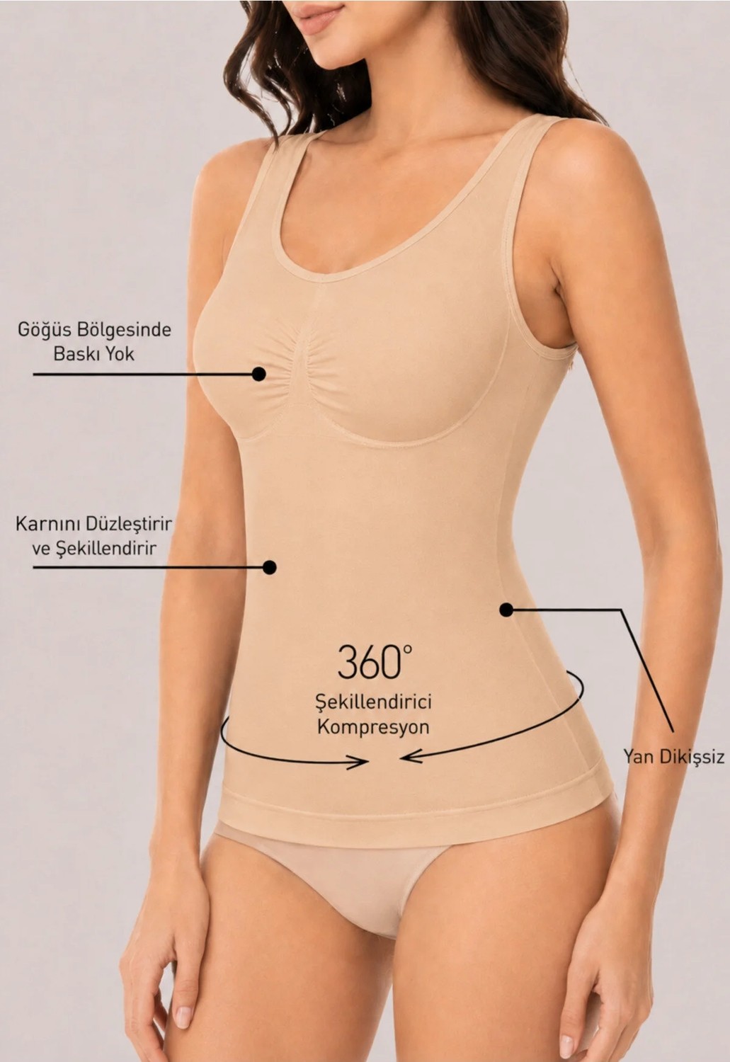 Formactive 1180 Kadın Askılı Atlet Dikişsiz Korse, Vücuda Oturan, Esnek ve Rahat Günlük İç Giyim - Ten 2XL görsel 3