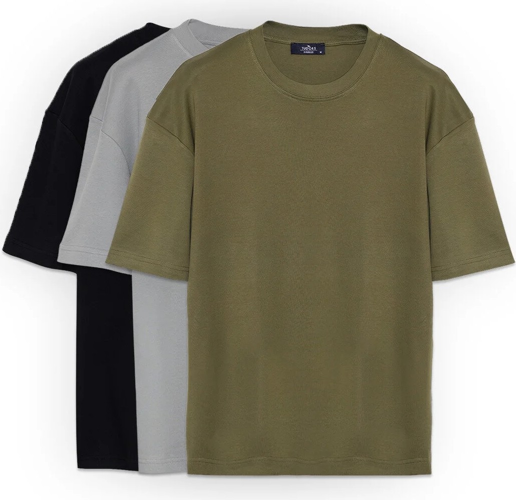 Tudors Unisex 3'lü Paket Lacivert-Beyaz-Siyah Oversize Geniş Kesim %100 Pamuk Basic Bisiklet Yaka Tişört görsel 7