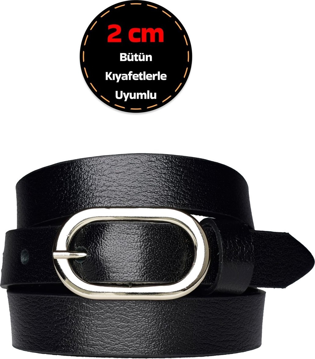 GoDeri %100 Hakiki Deri, Gümüş Tokalı Ince 2 cm Siyah Kadın Kemeri; Elbise Kemeri, Pantolon KEMERI_2CMOVAL