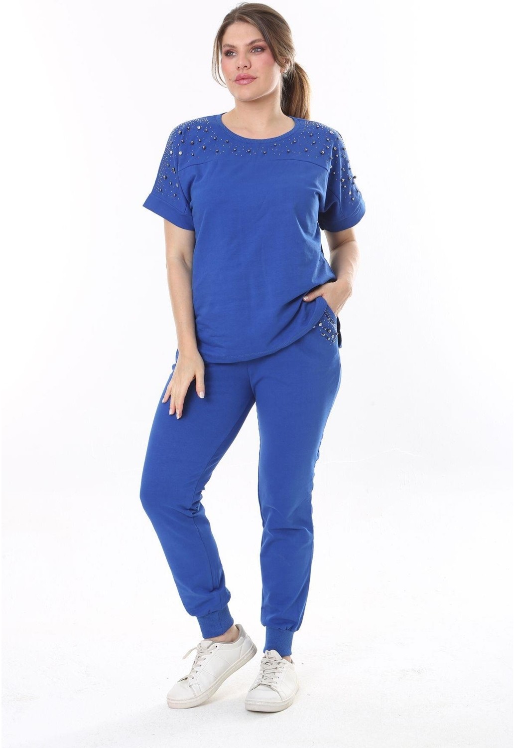 Şans Kadın Büyük Beden Saks Taş Detaylı Kısa Kollu Sweatshirt Pantolon Takım 65N37702 görsel 7