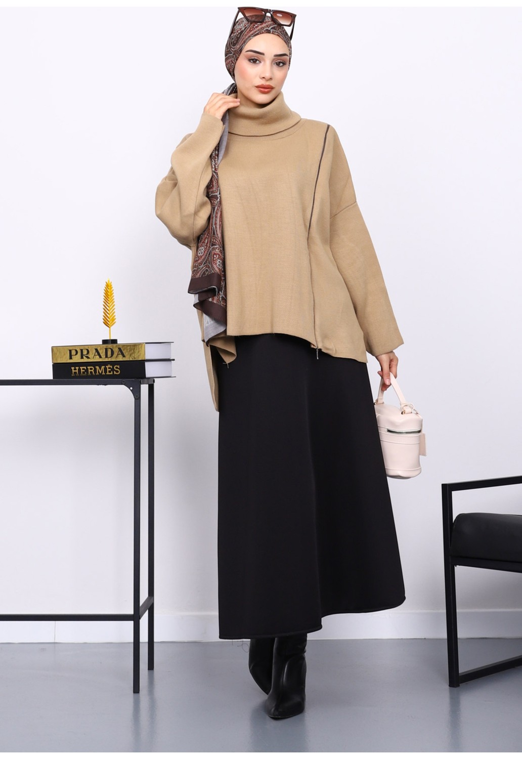 İmaj Butik Yeşil Balıkçı Yaka Fermuarlı Triko Tunik görsel 2