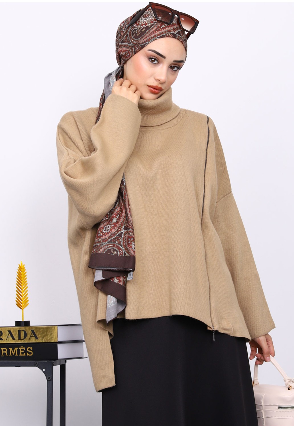İmaj Butik Yeşil Balıkçı Yaka Fermuarlı Triko Tunik görsel 3