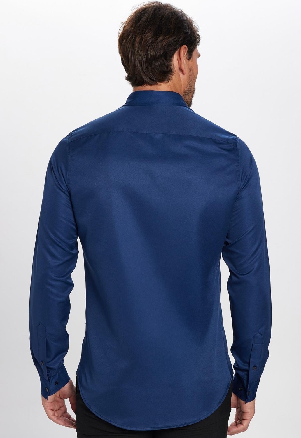 Tudors Slim Fit Uzun Kollu Kolay Ütü Teri Emen Nefes Alan Doku Kravatlık Dört Mevsim Lacivert Erkek Gömlek görsel 5