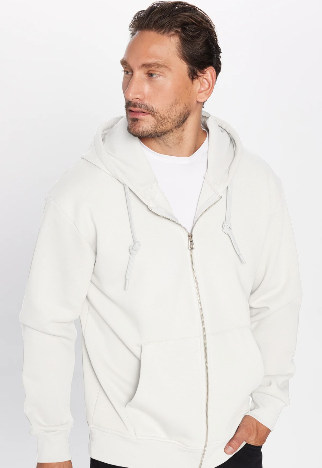 Tudors Unisex Relax Fit Rahat Kesim Pamuklu İçi Polarlı Çift Cepli Fermuarlı Beyaz Kapüşonlu Sweatshirt