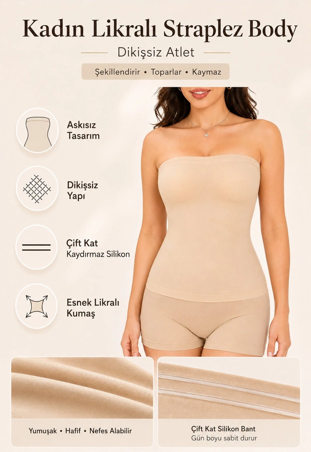 Formactive Kadın Likralı Straplez Body Bej - Uzun ve Esnek İç Giyim & Dikişsiz Atlet 2025