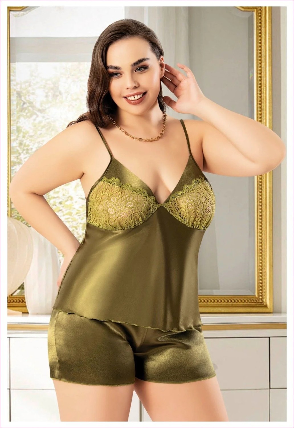 Carleen Moda Büyük Beden 2’li Haki Saten Dantelli Şortlu Takım görsel 2
