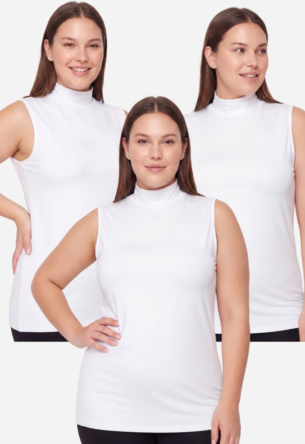 Arma Yıldız Kadın Büyük Beden Balıkçı Yaka Kolsuz Body Beyaz 3'lü Paket