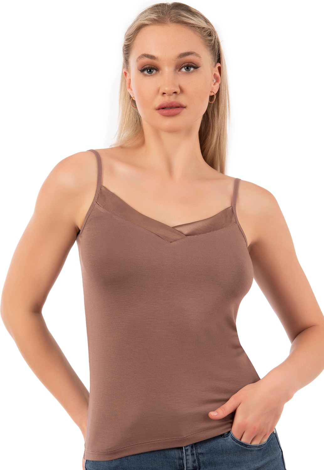 Özkan Underwear Özkan 2040 3'lü Paket Kadın Viskon Siyah Beyaz Taş Saten Yakalı Karışık Renk Atlet Esnek Rahat Ince Askılı Atlet