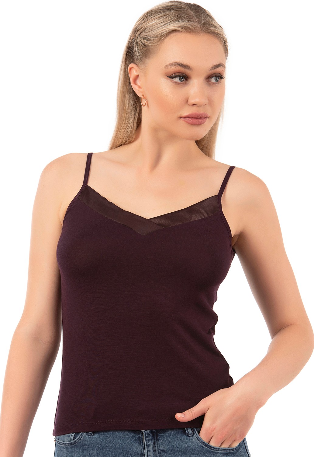 Özkan Underwear Özkan 2040 3'lü Paket Kadın Viskon Siyah Beyaz Taş Saten Yakalı Karışık Renk Atlet Esnek Rahat Ince Askılı Atlet