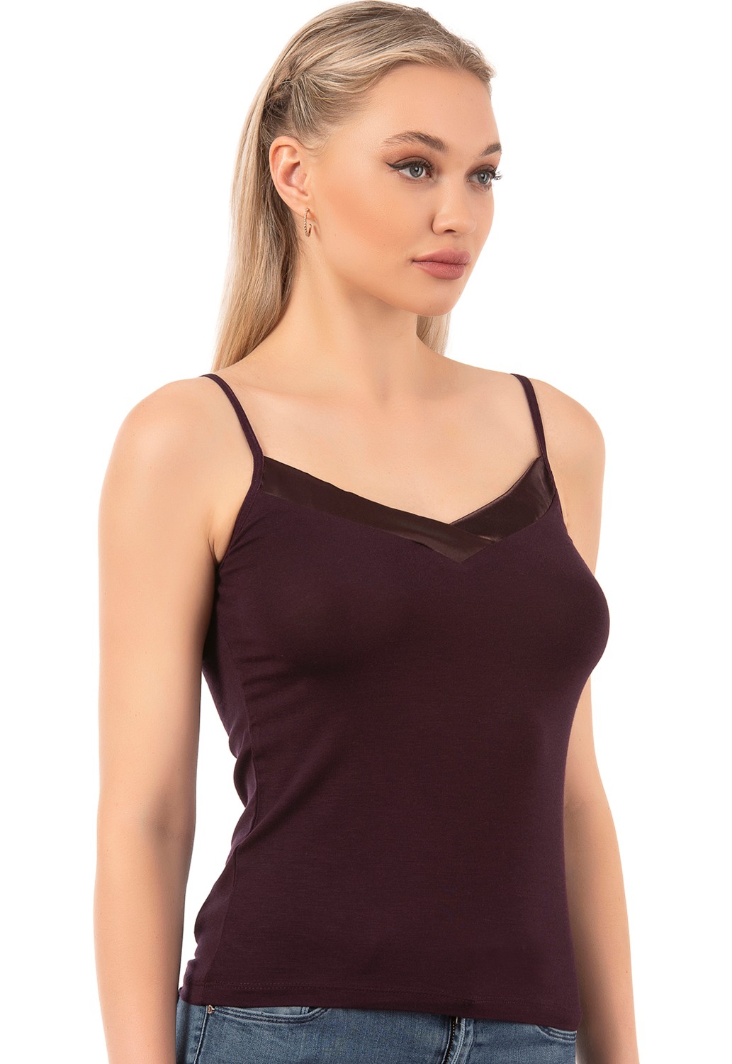Özkan Underwear Özkan 2040 3'lü Paket Kadın Viskon Siyah Beyaz Taş Saten Yakalı Karışık Renk Atlet Esnek Rahat Ince Askılı Atlet görsel 4