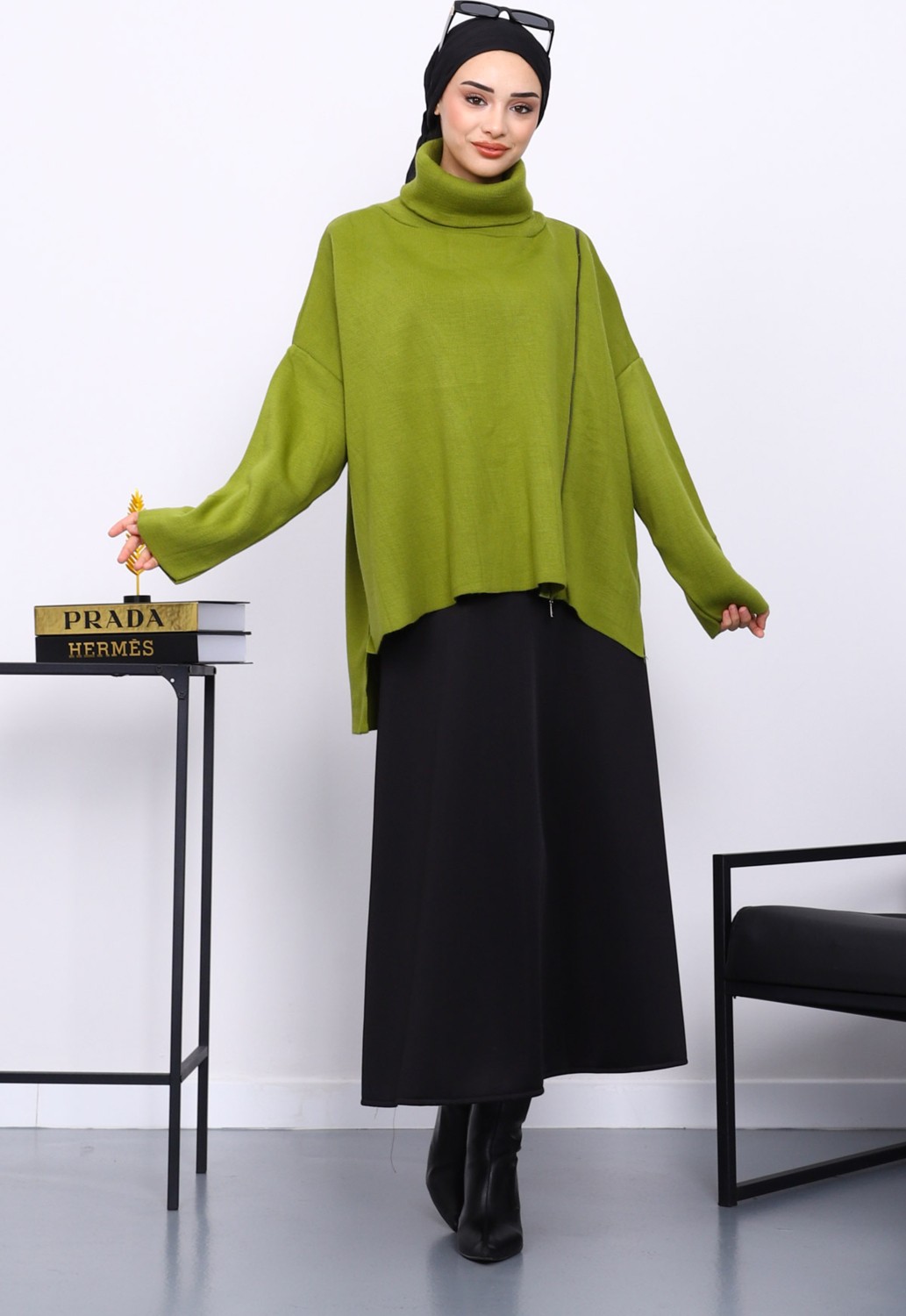 İmaj Butik Yeşil Balıkçı Yaka Fermuarlı Triko Tunik görsel 6